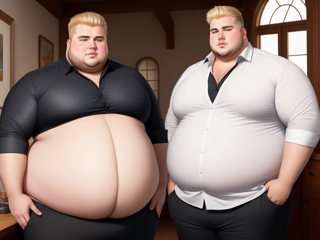 a fat man and a fat man standing in a kitchen together, both wearing black pants and white shirts, by Botero