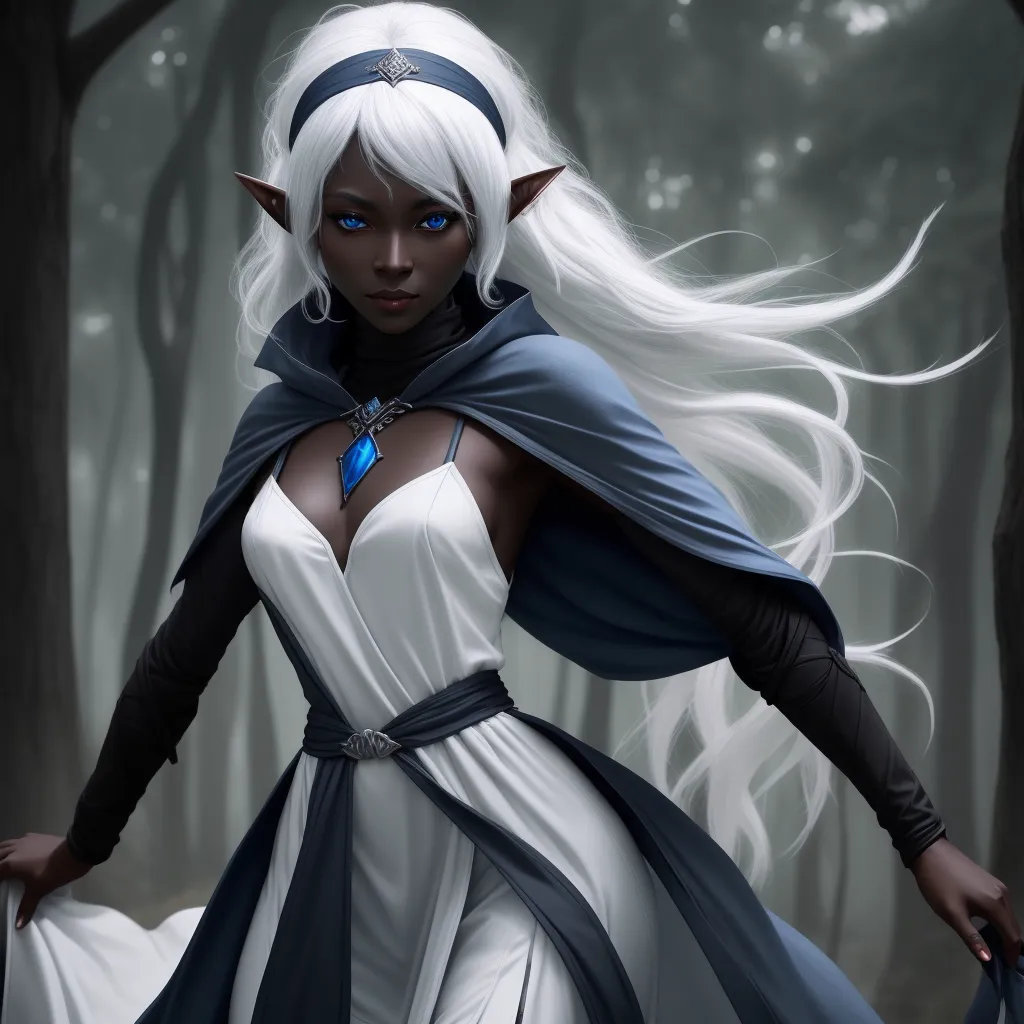 wallpaper high resolution: 1 solo female drow elf, black skin, white hair,