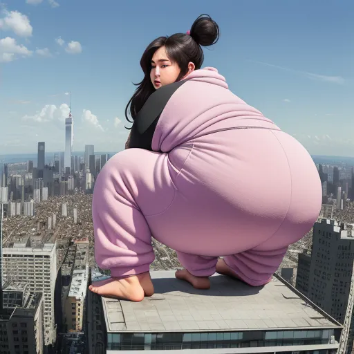 how to make pictures higher resolution - a woman in a pink sumo suit standing on a skyscraper with a city in the background and a blue sky, by Botero