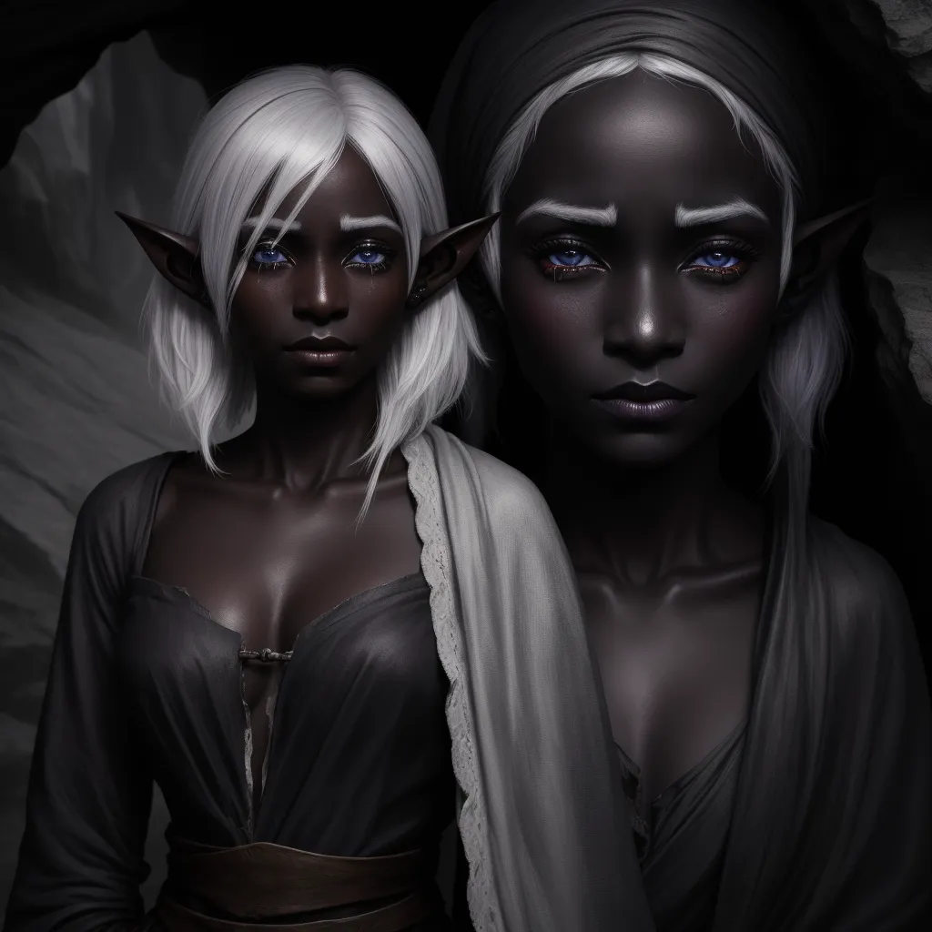 two women with white hair and blue eyes are standing next to each other in a cave with a rock wall, by Daniela Uhlig
