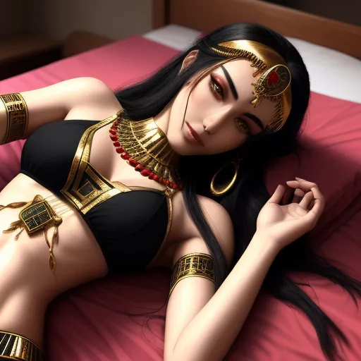 make picture 1080p - a woman in a black and gold costume laying on a bed with her hands on her chest and her arm on her chest, by Hirohiko Araki