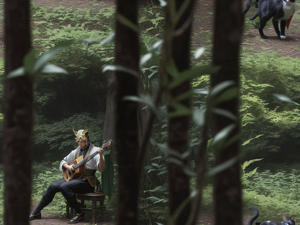 wallpaper high resolution: a cat playing the guitar in the forest, in the