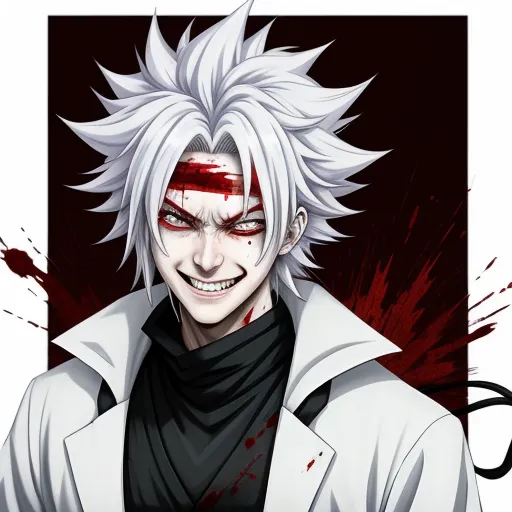 picture converter - a man with white hair and a bloody face is standing in front of a red background with blood splatters, by Baiōken Eishun