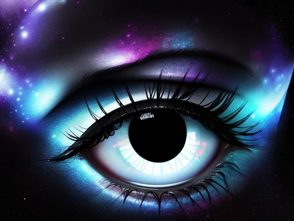 a close up of a person's eye with a bright blue and purple background and stars in the background, by Patrice Murciano