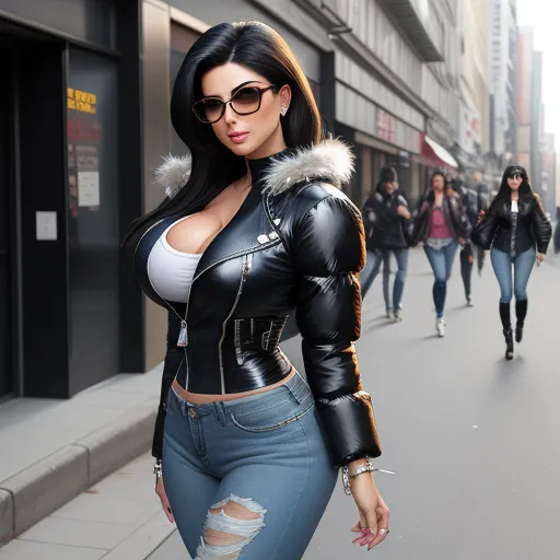 1080p to 4k converter picture - a woman in a leather jacket and sunglasses walking down a street with other people walking by on the sidewalk, by Hendrick Goudt