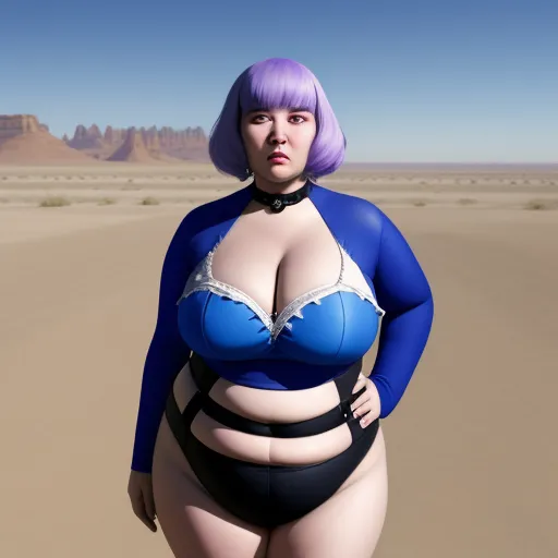 convert image to text ai - a woman in a blue bikini and black panties standing in the desert with her hands on her hips and her breasts covered, by Terada Katsuya