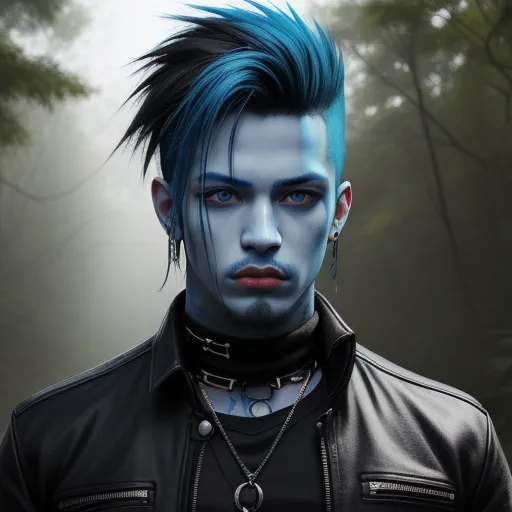 a man with blue hair and piercings in a black jacket and a black shirt and a black necklace, by Terada Katsuya