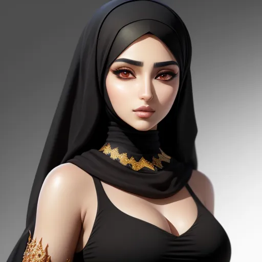 free ai image generator from text - a woman with a black head scarf and a black top with gold accents on it, wearing a black scarf, by Bakemono Zukushi