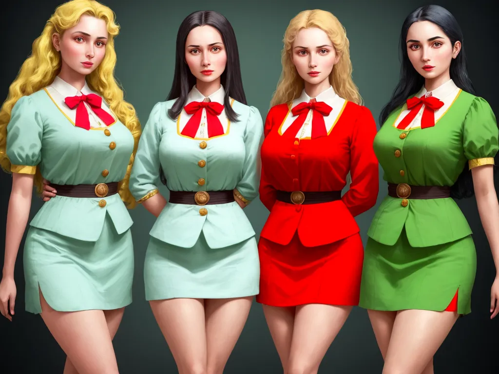 ai image generator from text - three women in short dresses and red bows are standing next to each other, both wearing short skirts and red bows, by Sailor Moon