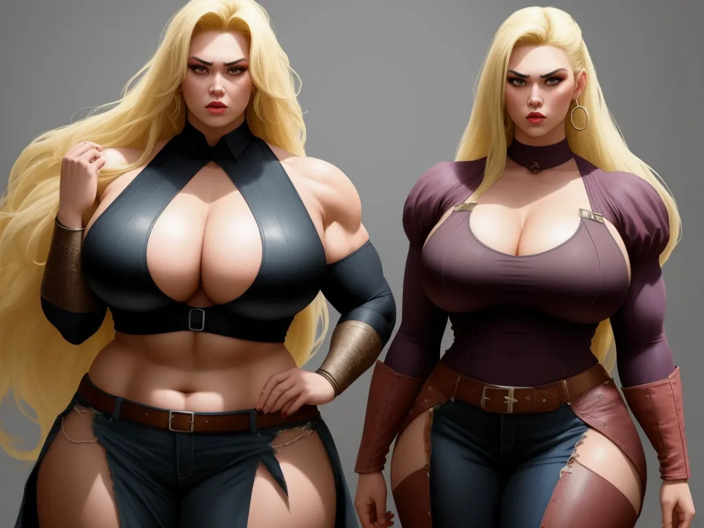 two women in sexy outfits posing for a picture together, both with big breastes and large breasts,, by Hanna-Barbera