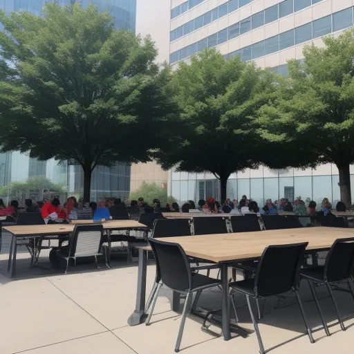 what is high resolution photo - a group of people sitting at tables in a courtyard with trees in the background and a building in the background, by Sydney Prior Hall
