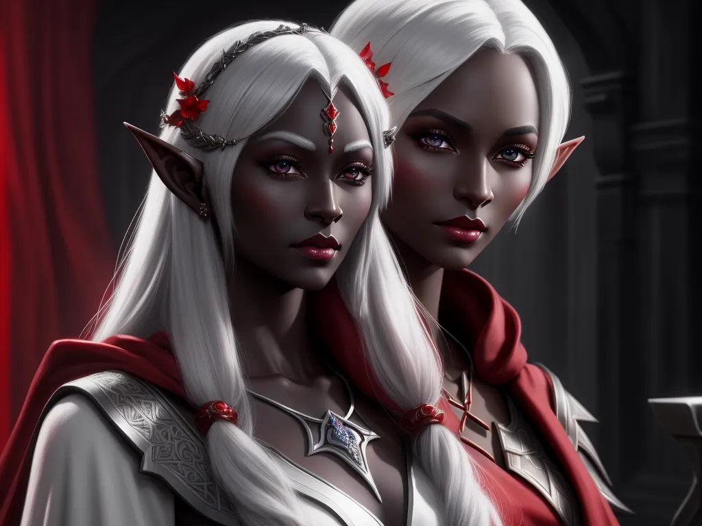 image sharpener - two white haired women with red hair and horns, one with a red flower on her head and one with a red flower on her head, by Lois van Baarle