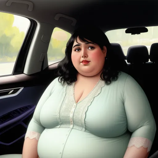 a woman in a car with a large belly and a lace top on her top is sitting in the passenger seat, by Fernando Botero
