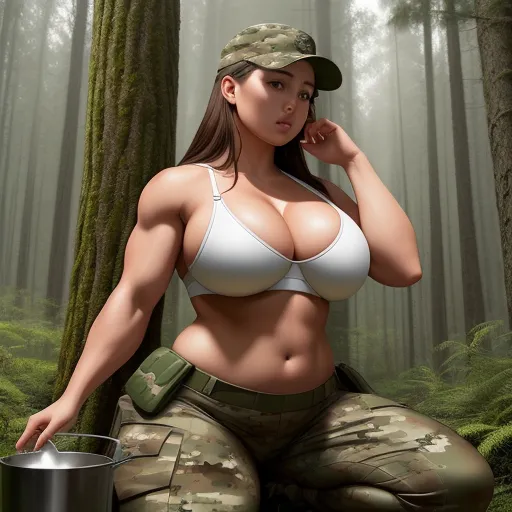 a woman in a military outfit is posing for a picture in the woods with a bucket of water in her hand, by Terada Katsuya