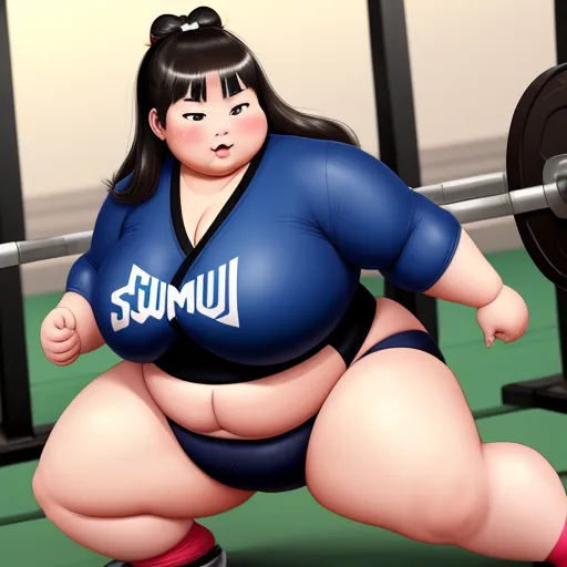 a fat woman squats in front of a barbell with a weight scale behind her, and a barbell in the foreground, by Rumiko Takahashi