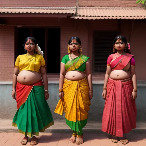 three women in colorful sari standing next to each other in front of a building with a brick wall, by Bruce Gilden