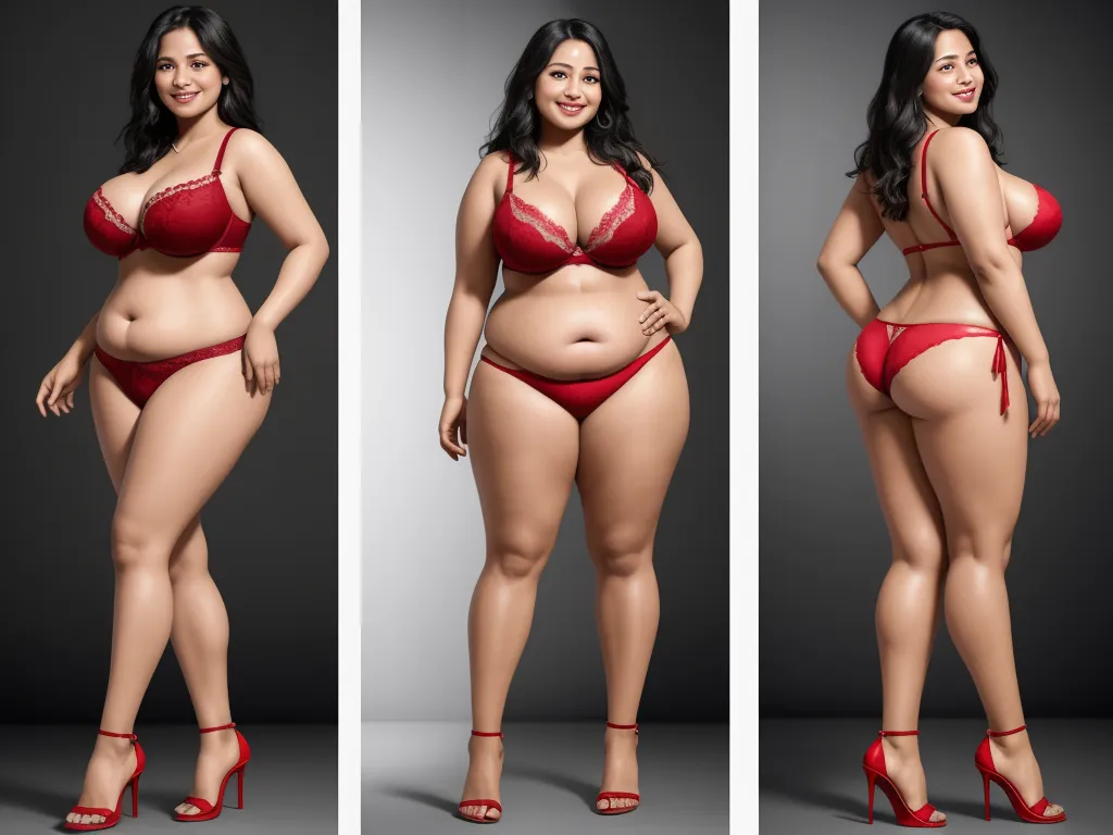 text to image generator ai - a woman in a red bikini and high heels posing for a picture in three different poses, both of which are very large, by Hendrik van Steenwijk I