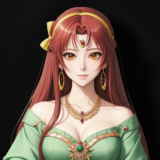 a woman with long red hair wearing a green dress and gold jewelry, with a black background, is wearing a green dress and gold necklace, by Hidari Jingorō