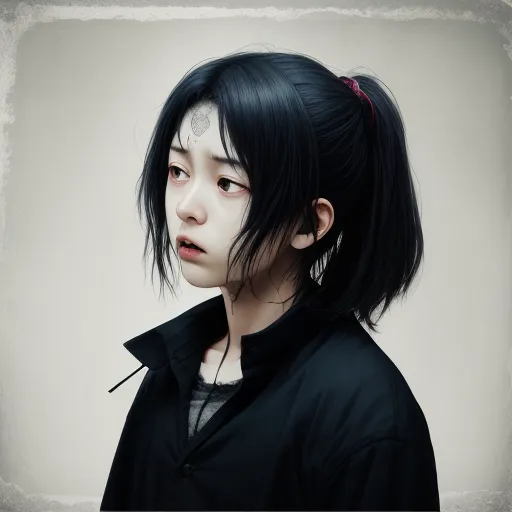 a woman with black hair and piercings on her head and a black shirt on her shoulders and a black shirt on her shoulder, by Zhang Kechun
