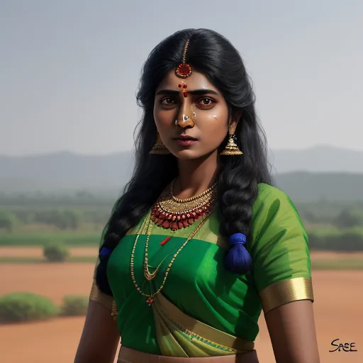 turn photo hd - a woman in a green and gold sari with a necklace and earrings on her head and a mountain in the background, by Raja Ravi Varma