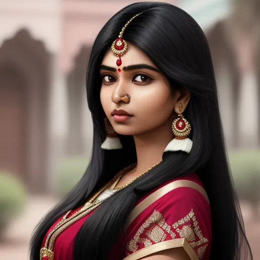 turn picture online - a woman with long black hair wearing a red and gold outfit and earrings, with a pink background and a pink building, by Raja Ravi Varma