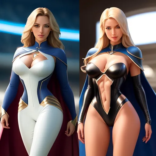 how to increase image resolution - two women in superhero costumes standing next to each other in a room with a ceiling light behind them and a blue and white background, by Diego Velázquez