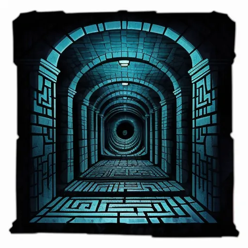 a tunnel with a maze in the middle of it and a light at the end of the tunnel is a black light, by Giorgio de Chirico