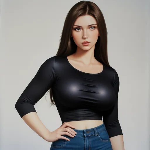 how to make a photo high resolution - a woman with a black top and jeans posing for a picture with her hands on her hips and her hands on her hips, by Terada Katsuya