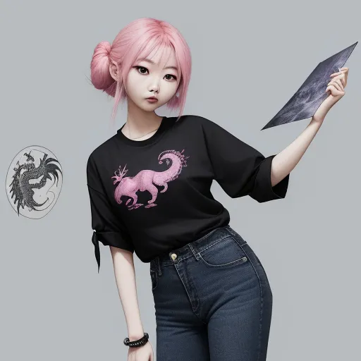 how do i improve the quality of a photo - a woman with pink hair holding a knife and a dragon on a black shirt with pink hair and a dragon on it, by Hsiao-Ron Cheng