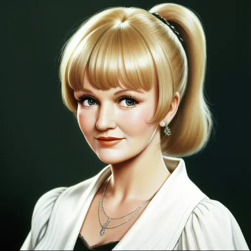 a painting of a woman with a ponytail in a white shirt and a black shirt with a diamond necklace, by Hanna-Barbera