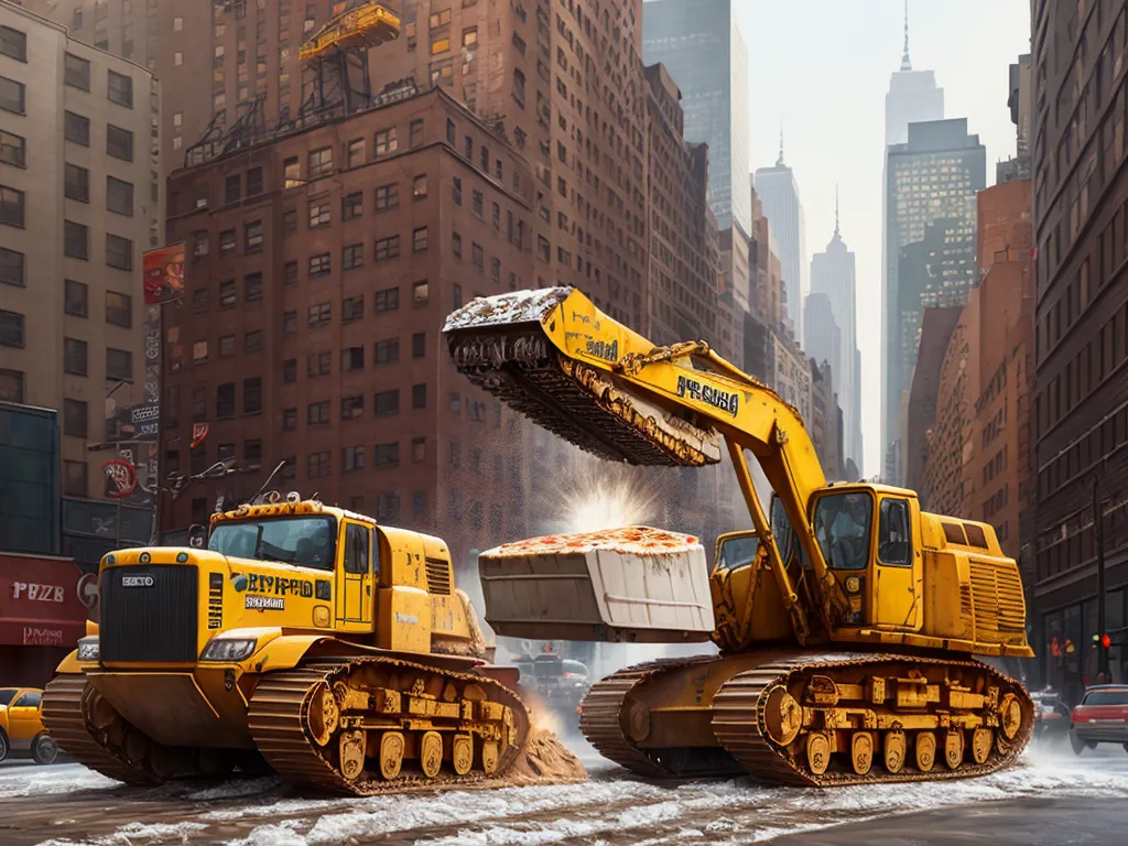 a couple of yellow machines are in the middle of a street with buildings in the background and snow on the ground, by Filip Hodas