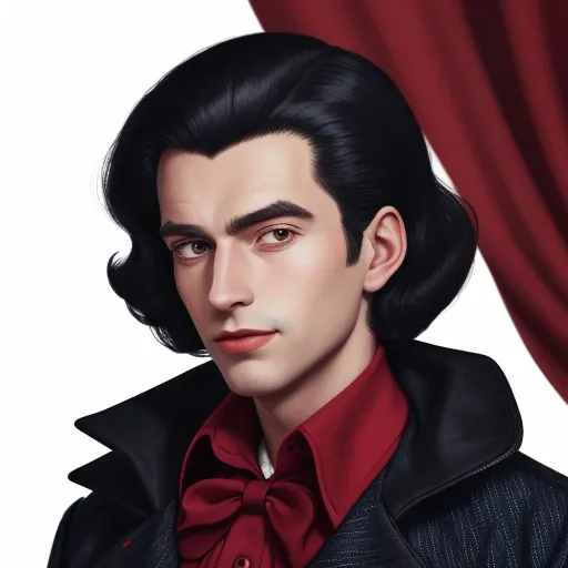 a painting of a man with a red bow tie and black hair wearing a black jacket and red shirt, by Lois van Baarle