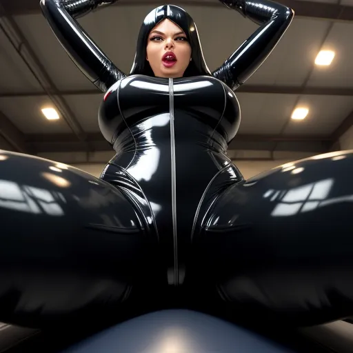 a woman in a black latex outfit is posing for a picture in a garage area with her hands on her head, by Hendrik van Steenwijk I