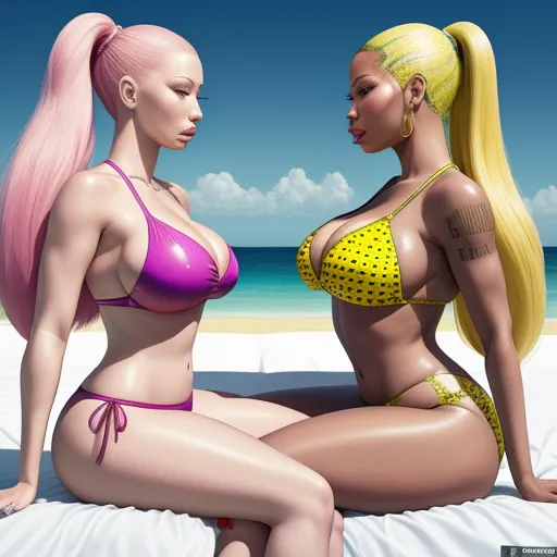 two women in bikinis sitting on a bed next to each other on the beach, one of them has a pink hair, by David LaChapelle