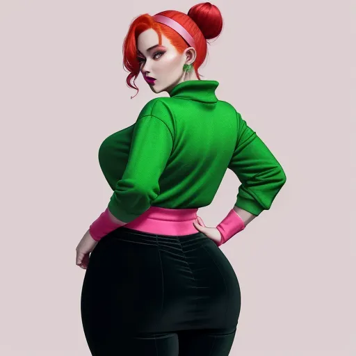 a woman with red hair and green shirt and black pants, standing with her hands on her hips, looking down, by Hanna-Barbera