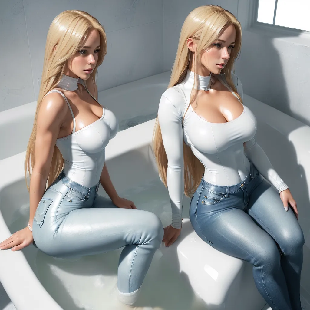 text-to-image ai generator - two women in a bathtub with their breasts exposed and their bodies covered in fake clothes, one of them sitting on the edge of the tub, by Terada Katsuya