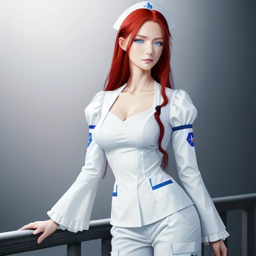 a woman with red hair and a white suit is standing on a balcony railing with her hands on her hips, by Leiji Matsumoto