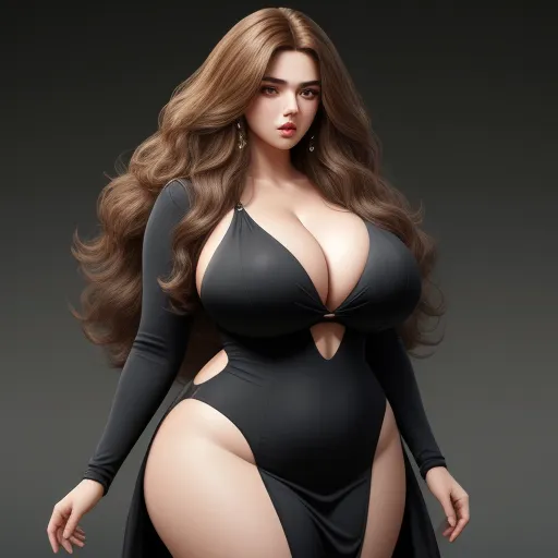 convert photo to 4k resolution - a woman in a black bodysuit with long hair and big breasts is posing for a picture in a black dress, by Terada Katsuya