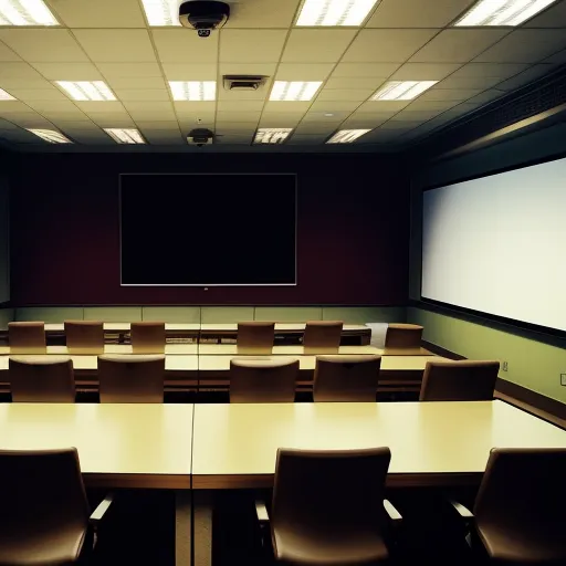 a large conference room with a projector screen and chairs in it and a flat screen tv on the wall, by Andreas Gursky
