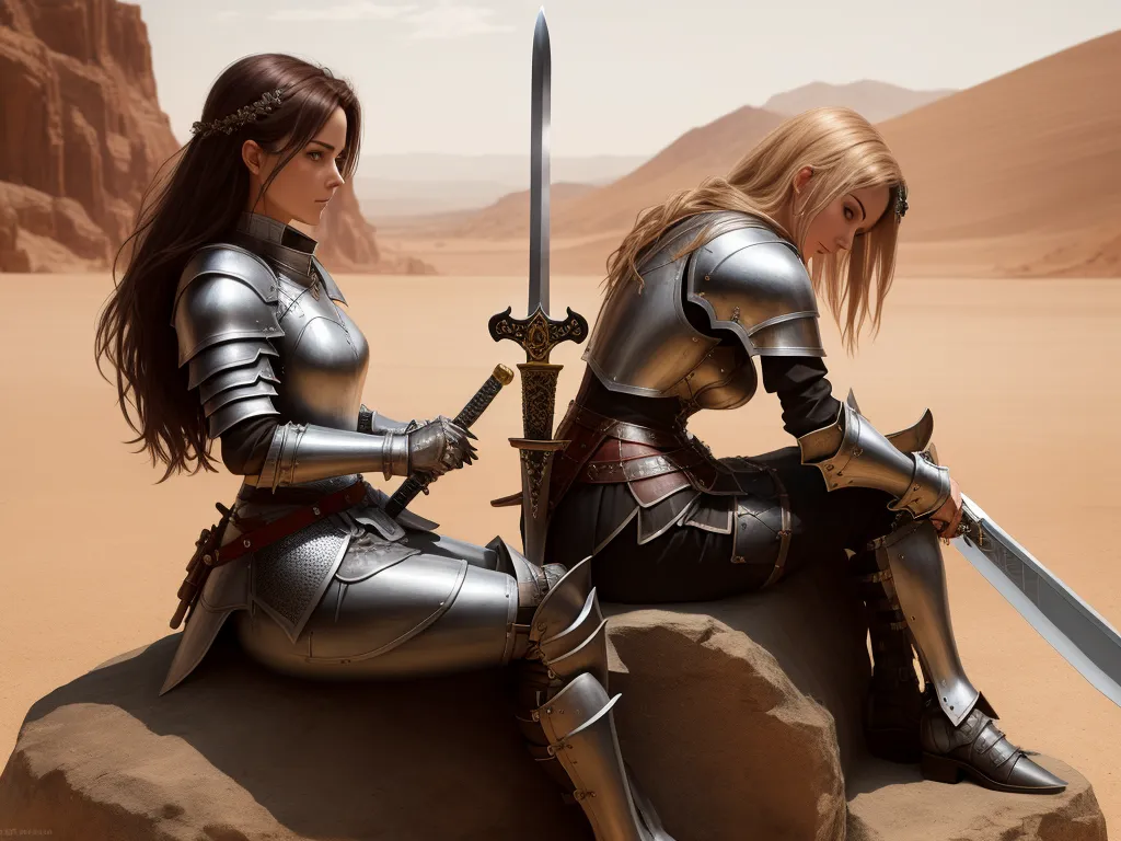 two women in armor sit on a rock with swords in their hands and look at the camera with a desert background, by Edmond Xavier Kapp