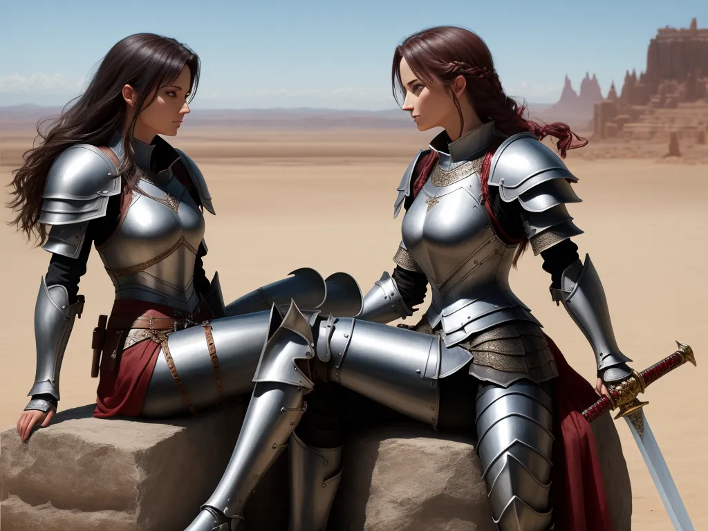 text-to-image ai generator - two women in armor sitting on a rock in the desert with a castle in the background and a sky in the background, by François Louis Thomas Francia