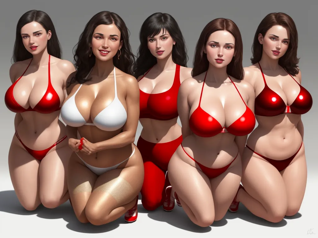 a group of women in red lingerie poses for a picture together in a row, with one of them wearing a bra, by Terada Katsuya