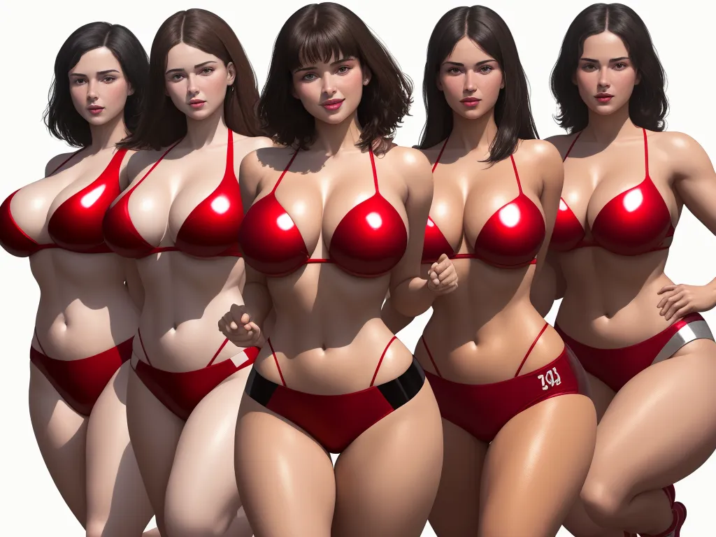 text to photo ai - a group of women in red lingerie outfits posing for a picture together with each other in a row, by Terada Katsuya