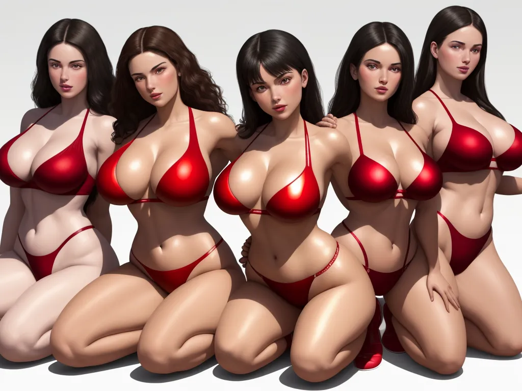 a group of women in red lingerie posing for a picture together in a row with their butts open, by Terada Katsuya