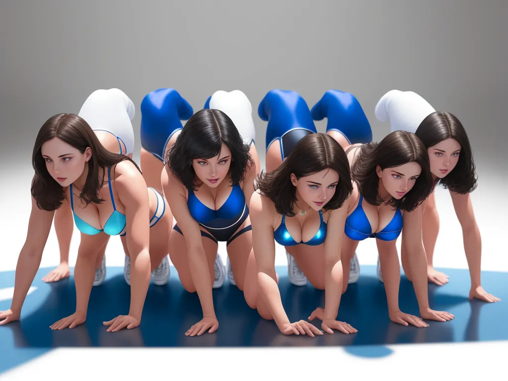 a group of women in bikinis are posing for a picture together in a row on a blue mat, by Terada Katsuya