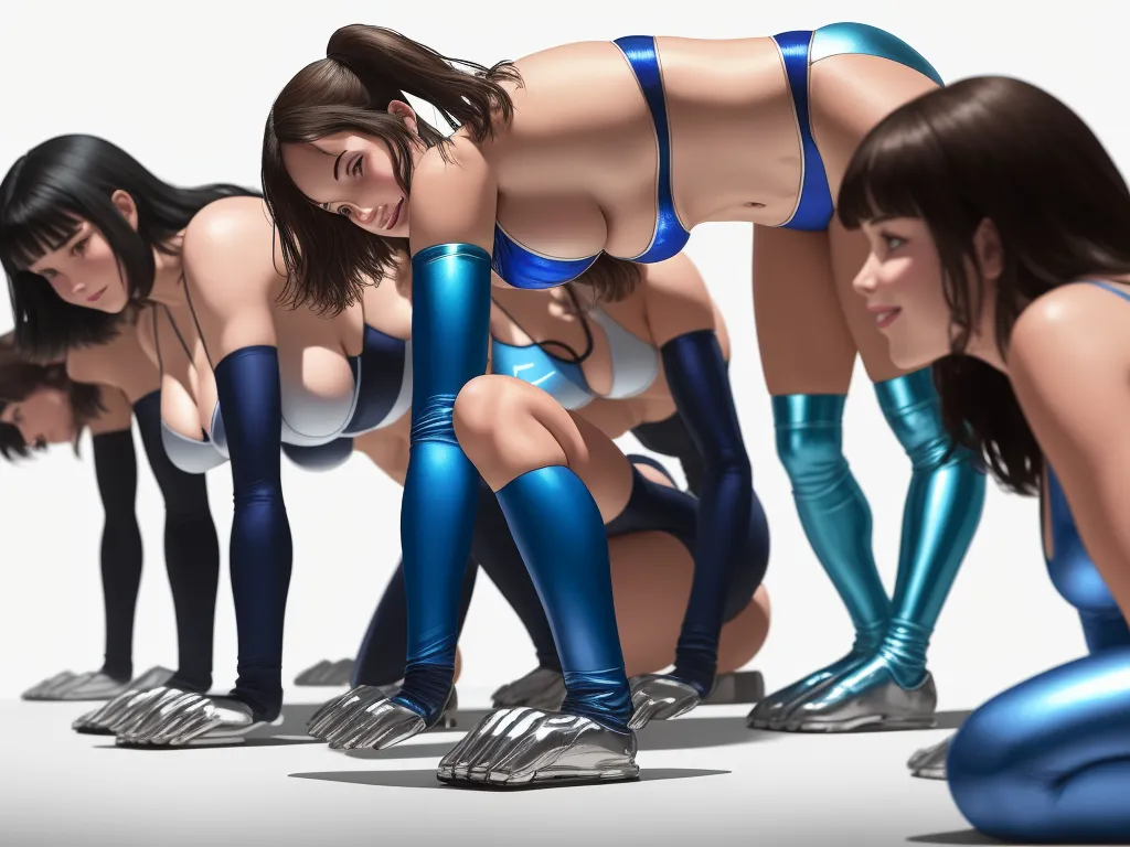 a group of women in blue and silver outfits and boots are bending over and touching their knees and looking at the ground, by Terada Katsuya