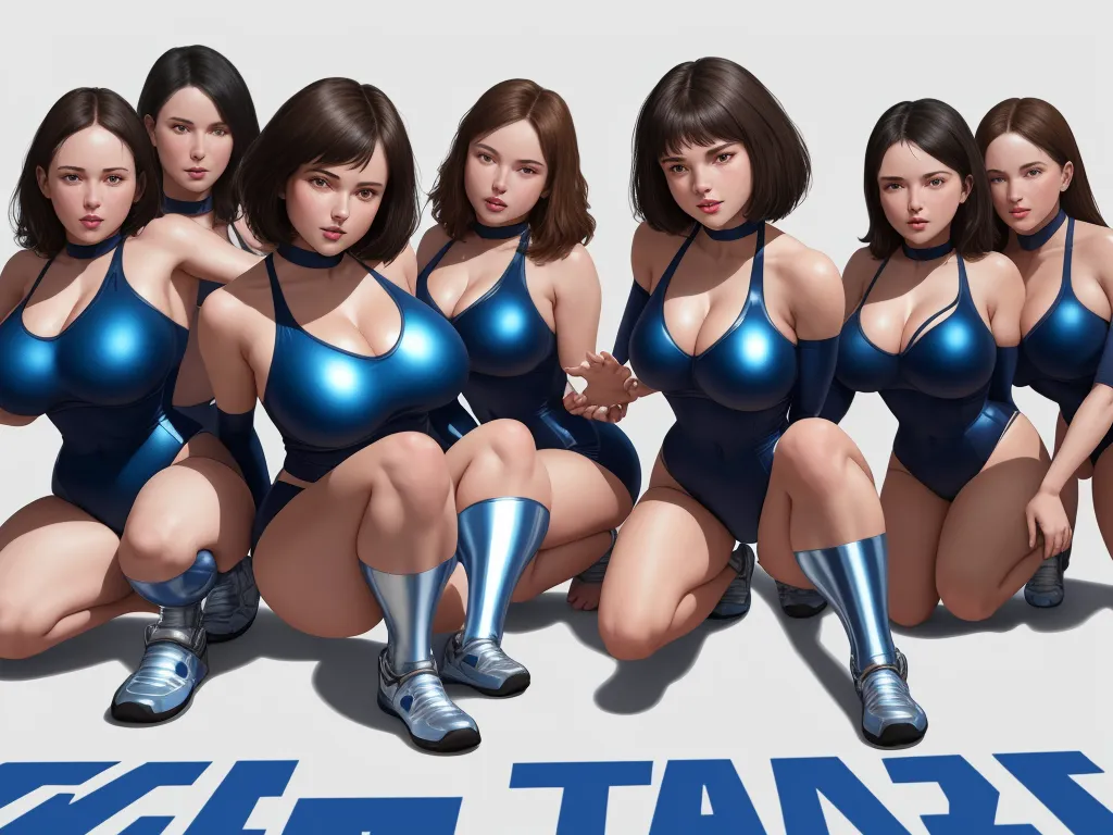 a group of women in blue dresses posing for a picture together with their feet on the ground and their hands on their hips, by Terada Katsuya
