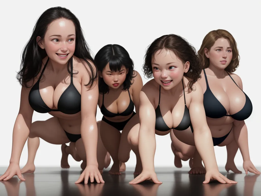 a group of women in bikinis posing for a picture together in a pose with a white background and a black background, by Terada Katsuya