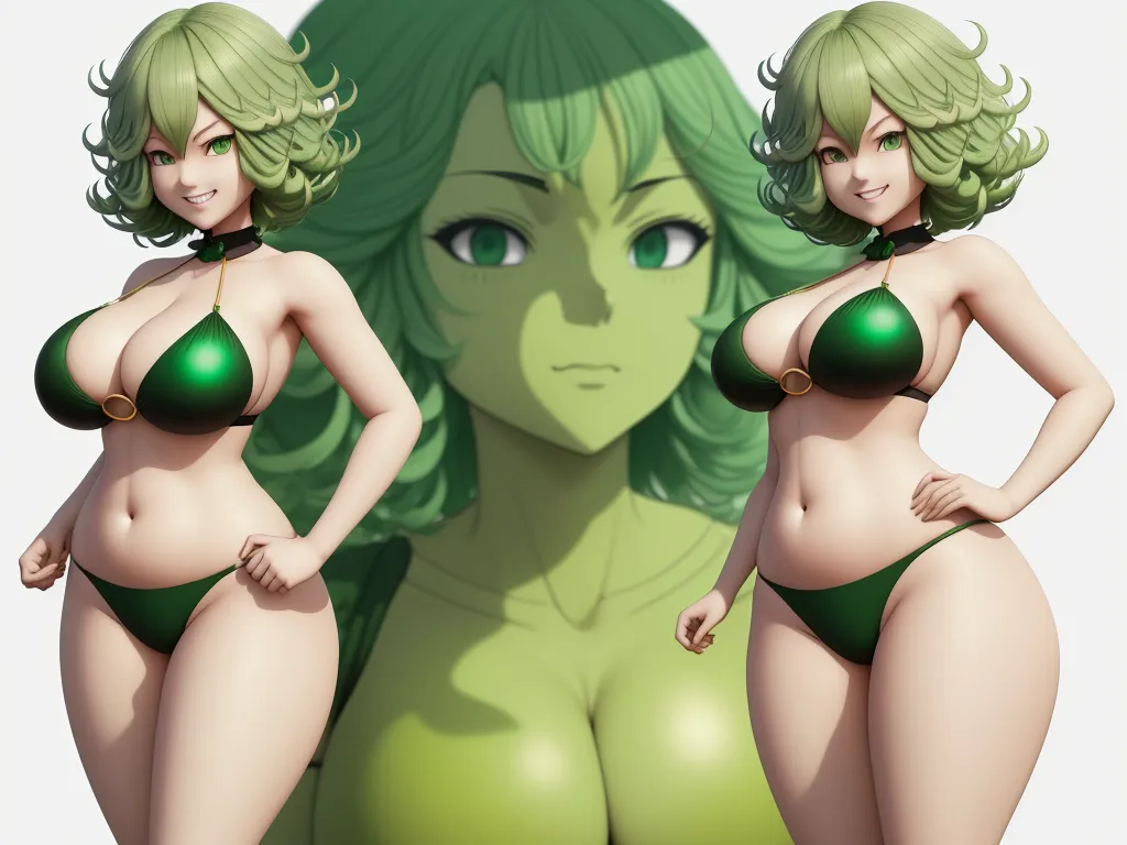 two cartoon women in green bikinis standing next to each other with their breasts open and their breasts down, by Toei Animations