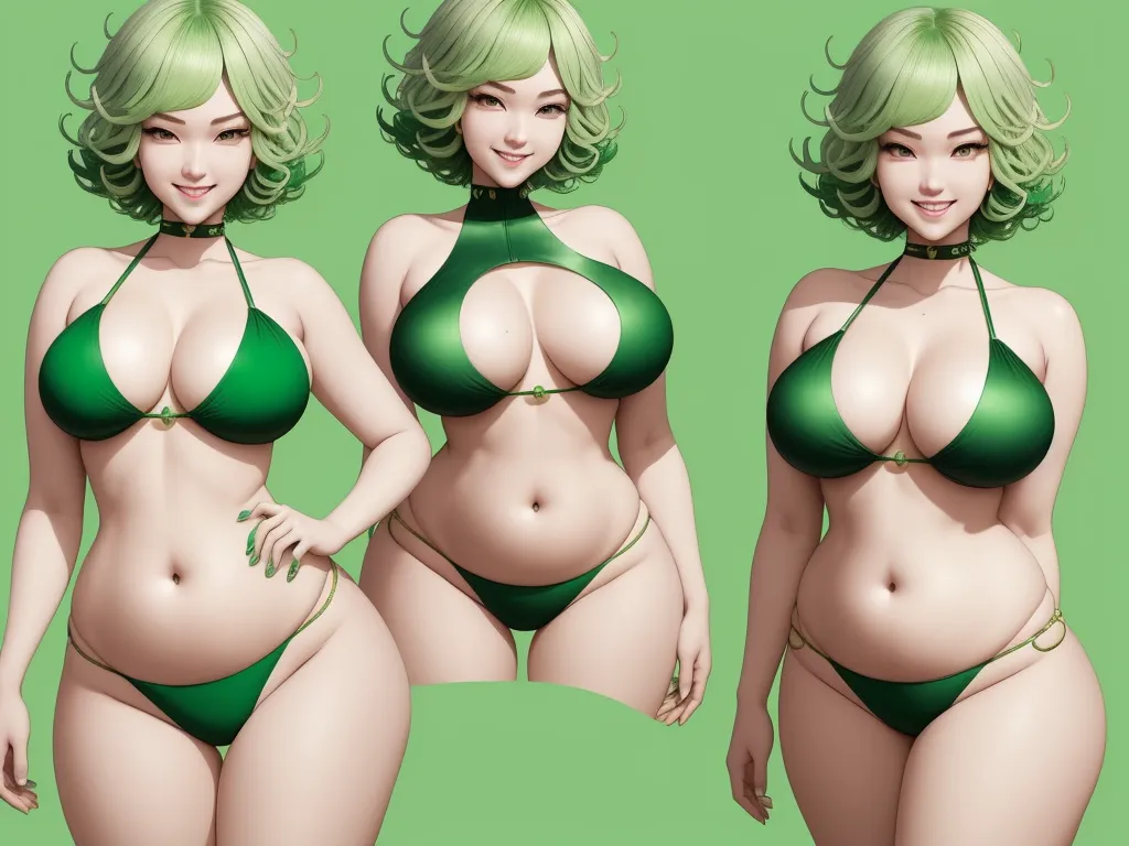 high quality pictures online - a woman in a green bikini with green hair and a green bra top on her chest and chest, and three different angles of the same woman, by Akira Toriyama